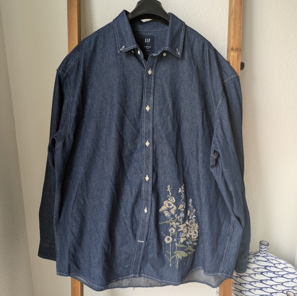 GAP Women's Denim Button-down Shirt with Floral Embroidery - Size L